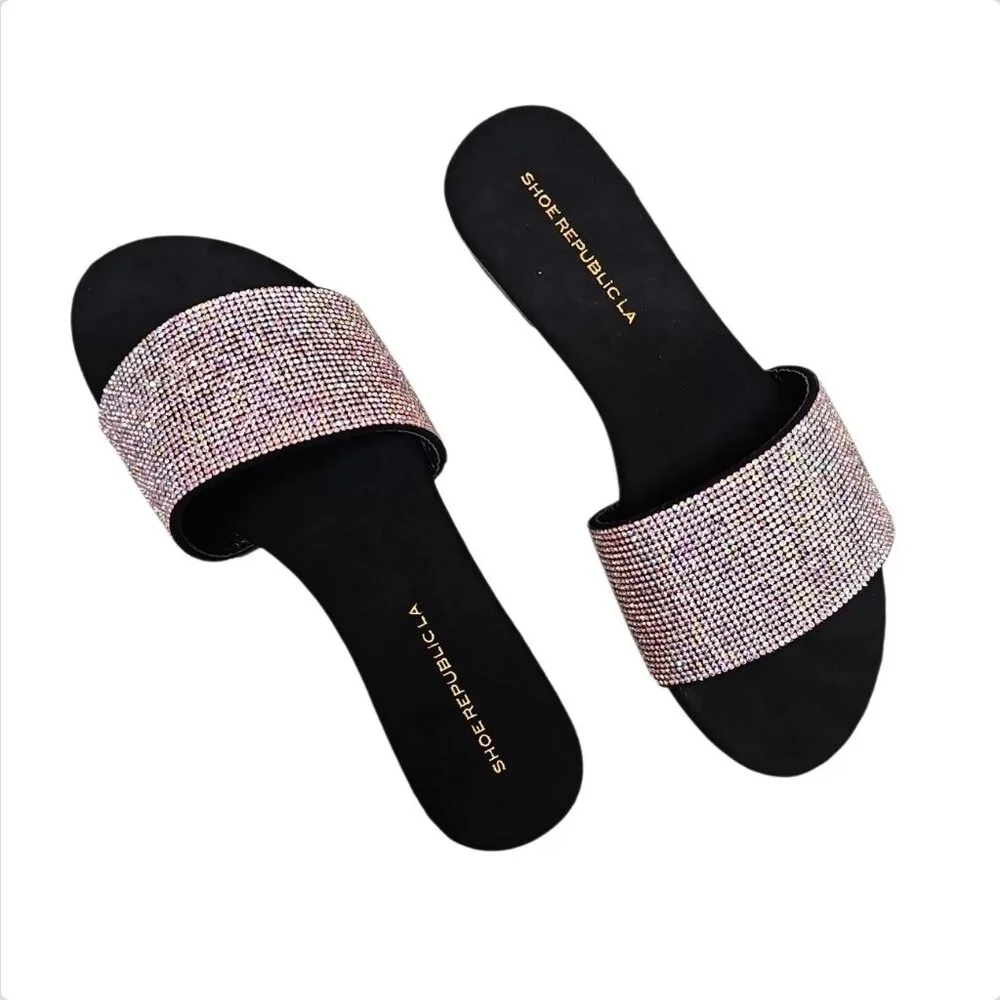 Rhinestone Embellished Slide Sandals Black Sole Multicolor Sparkle Band